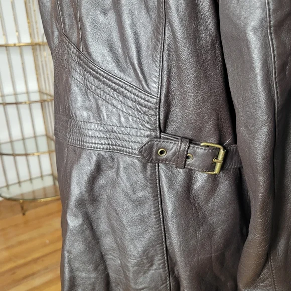 A.N.A. a.n.a Brown Leather Genuine Lambskin Jacket Faux Fur Collar Womens L Moto - Picture 7 of 13